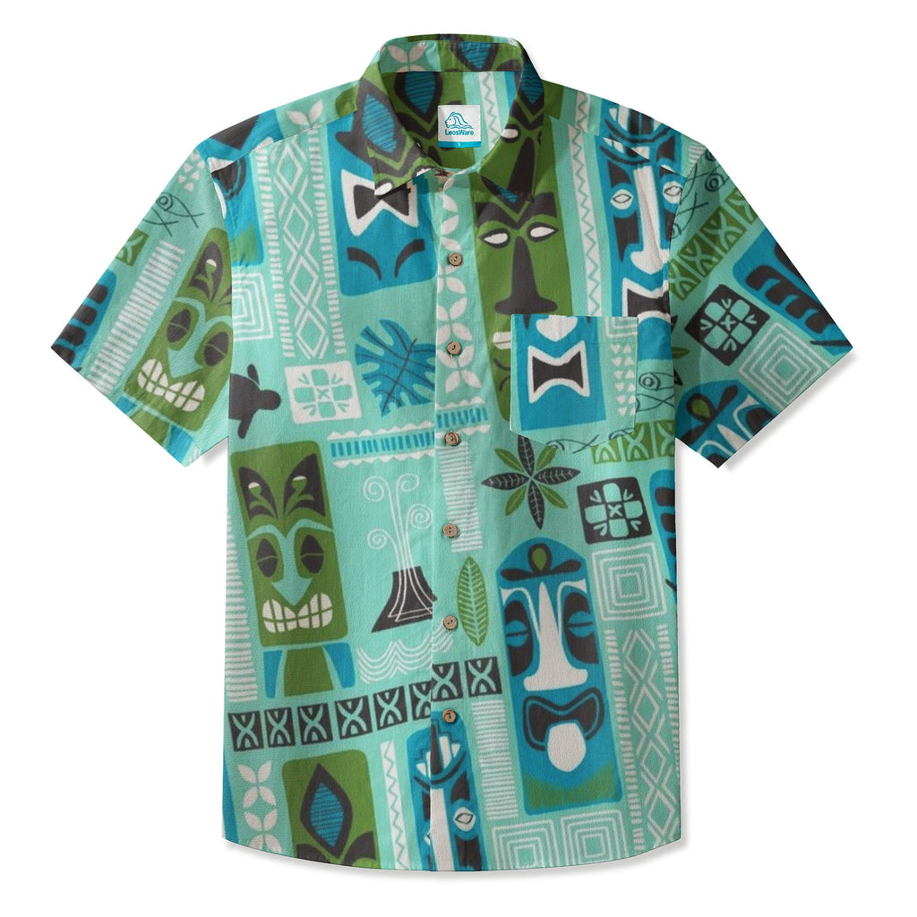 LeosWare® Men's Hawaiian Shirt Short Sleeve Button-up Premium polyester fabric Aloha Tiki Lagoon
