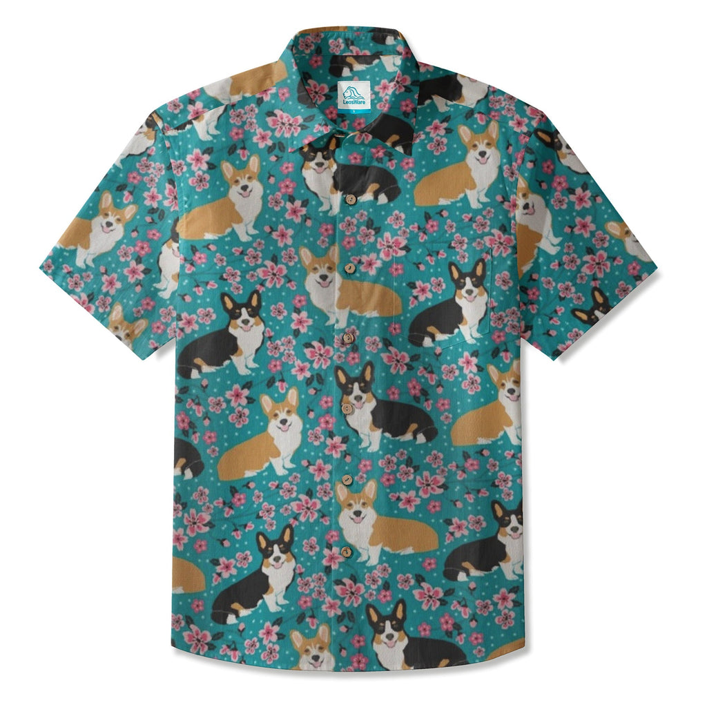 LeosWare® Men's Hawaiian Shirt Short Sleeve Button-up Breathable & Quick-Dry Aloha Corgi Blossom