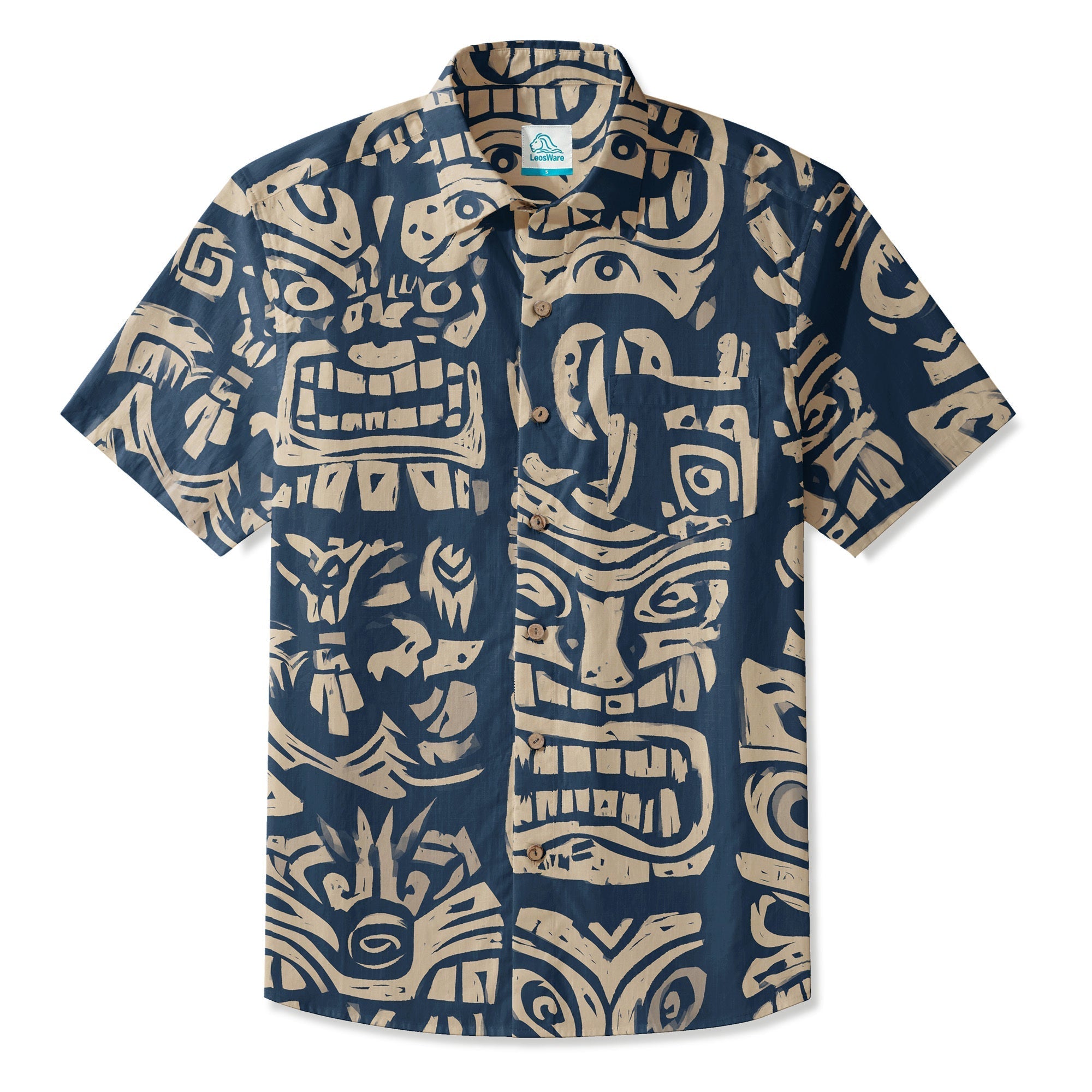 LeosWare® Men's Hawaiian Shirt Short Sleeve Button-up 95% Polyester, 5% Spandex Aloha Tiki Vault