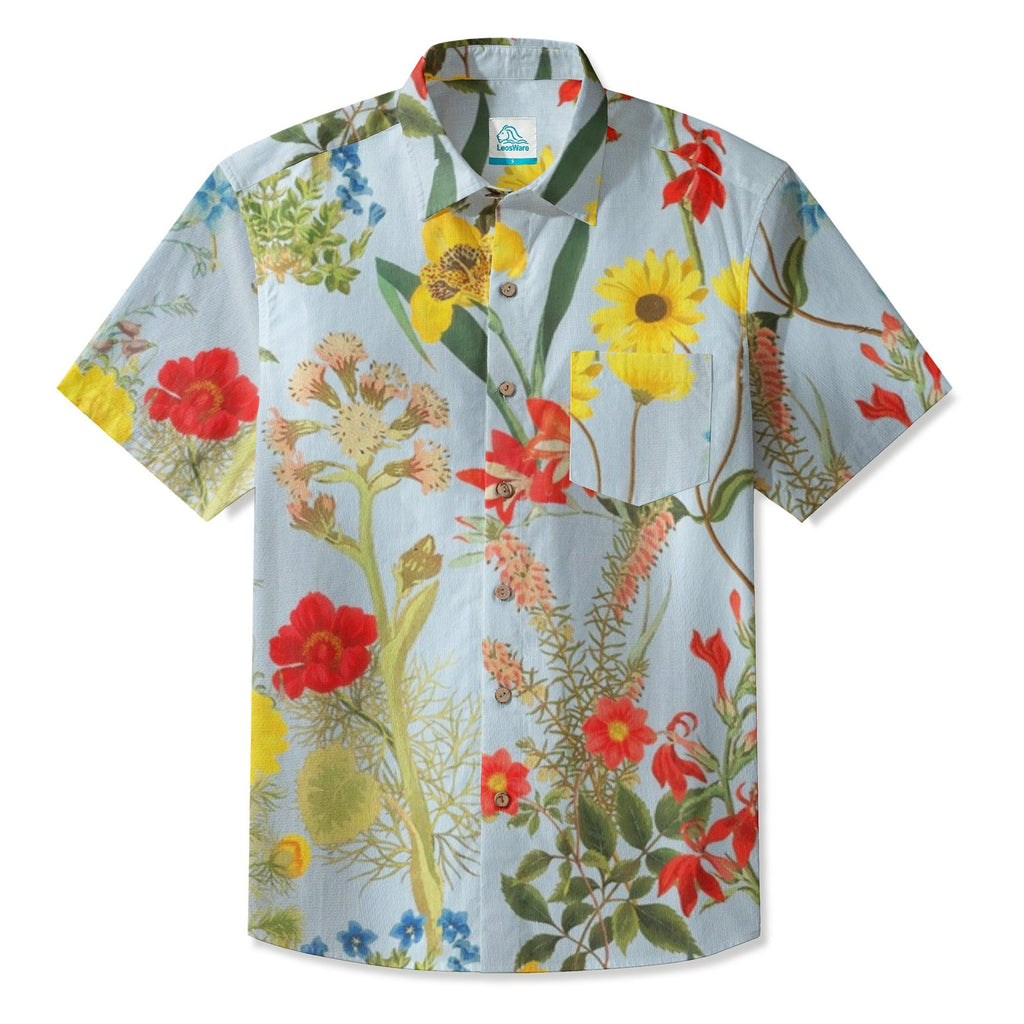 LeosWare® Men's Hawaiian Shirt Short Sleeve Button-up 95% Polyester, 5% Spandex Aloha Floral Drift