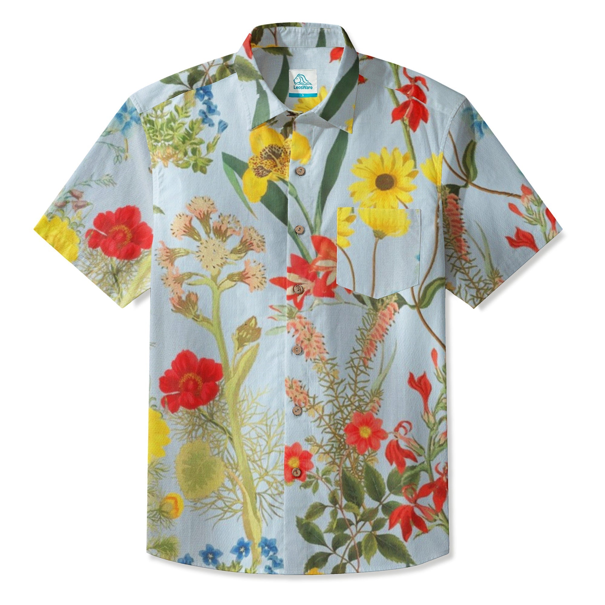 LeosWare® Men's Hawaiian Shirt Short Sleeve Button-up 95% Polyester, 5% Spandex Aloha Floral Drift