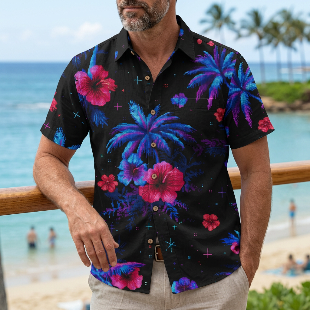 LeosWare® Men's Hawaiian Shirt Short Sleeve Button-up Breathable & Quick-Dry Aloha Glowing Tropics