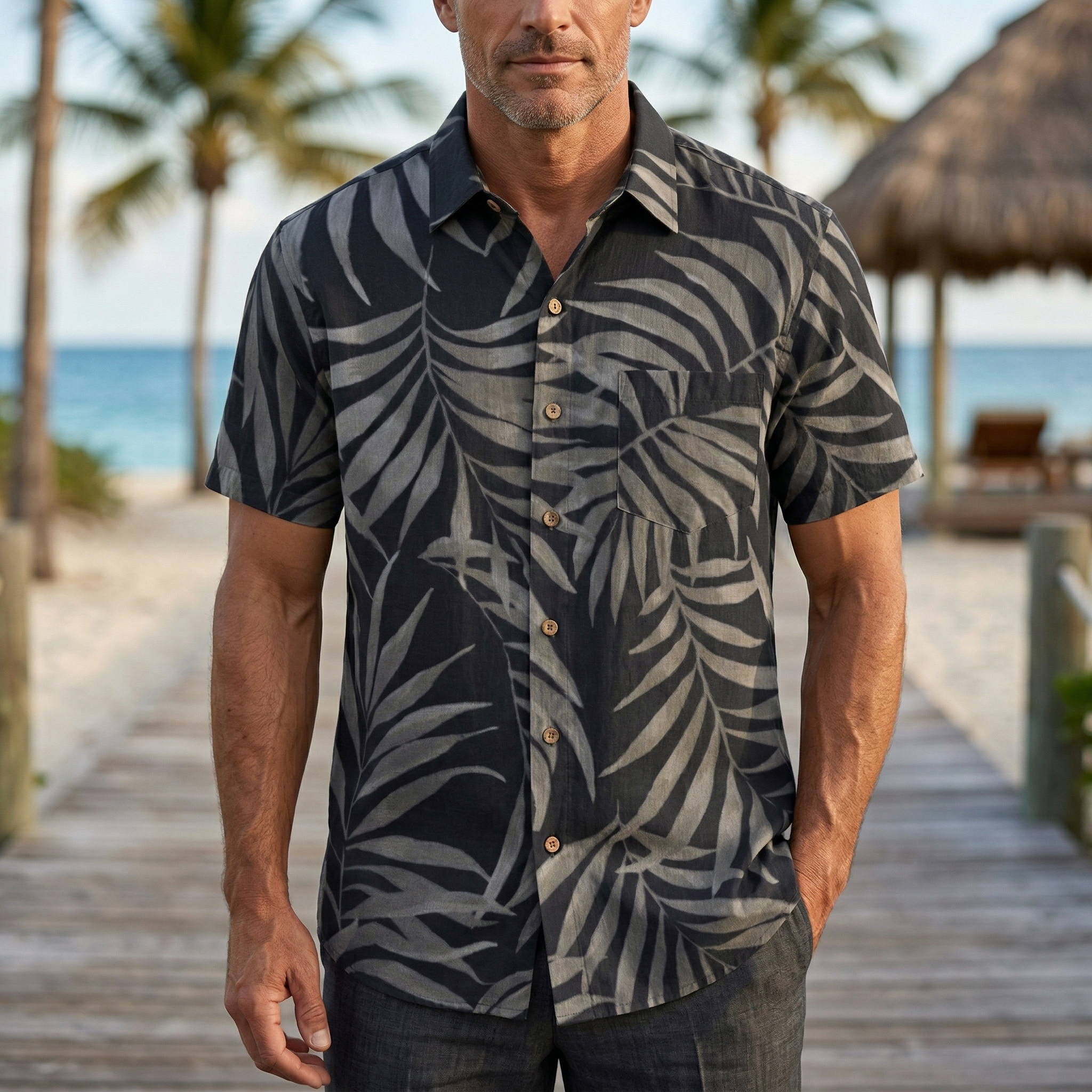 LeosWare® Men's Hawaiian Shirt Short Sleeve Button-up 95% Polyester, 5% Spandex Aloha Midnight Oasis