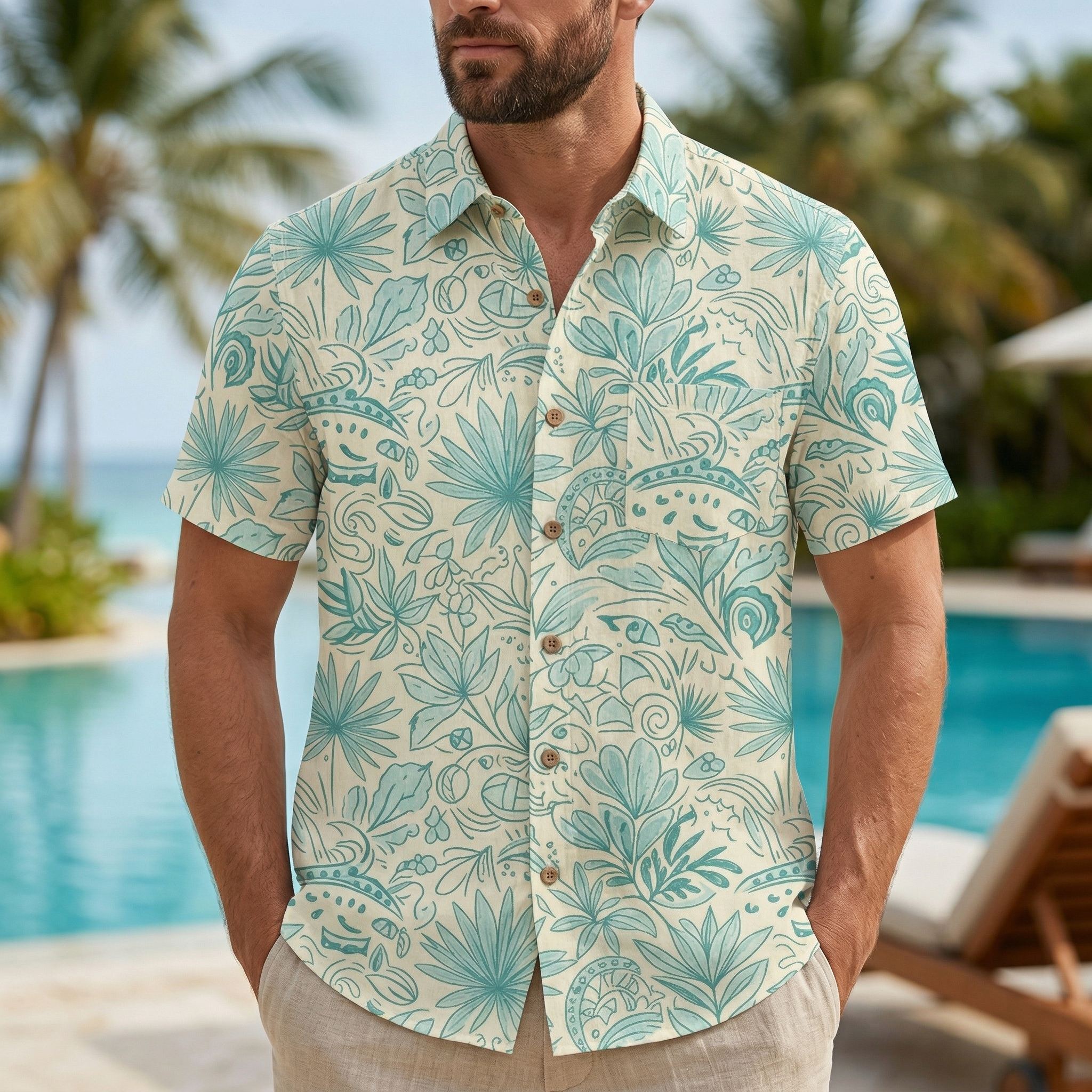 LeosWare® Men's Hawaiian Shirt Short Sleeve Button-up 95% Polyester, 5% Spandex Aloha Mint Isle