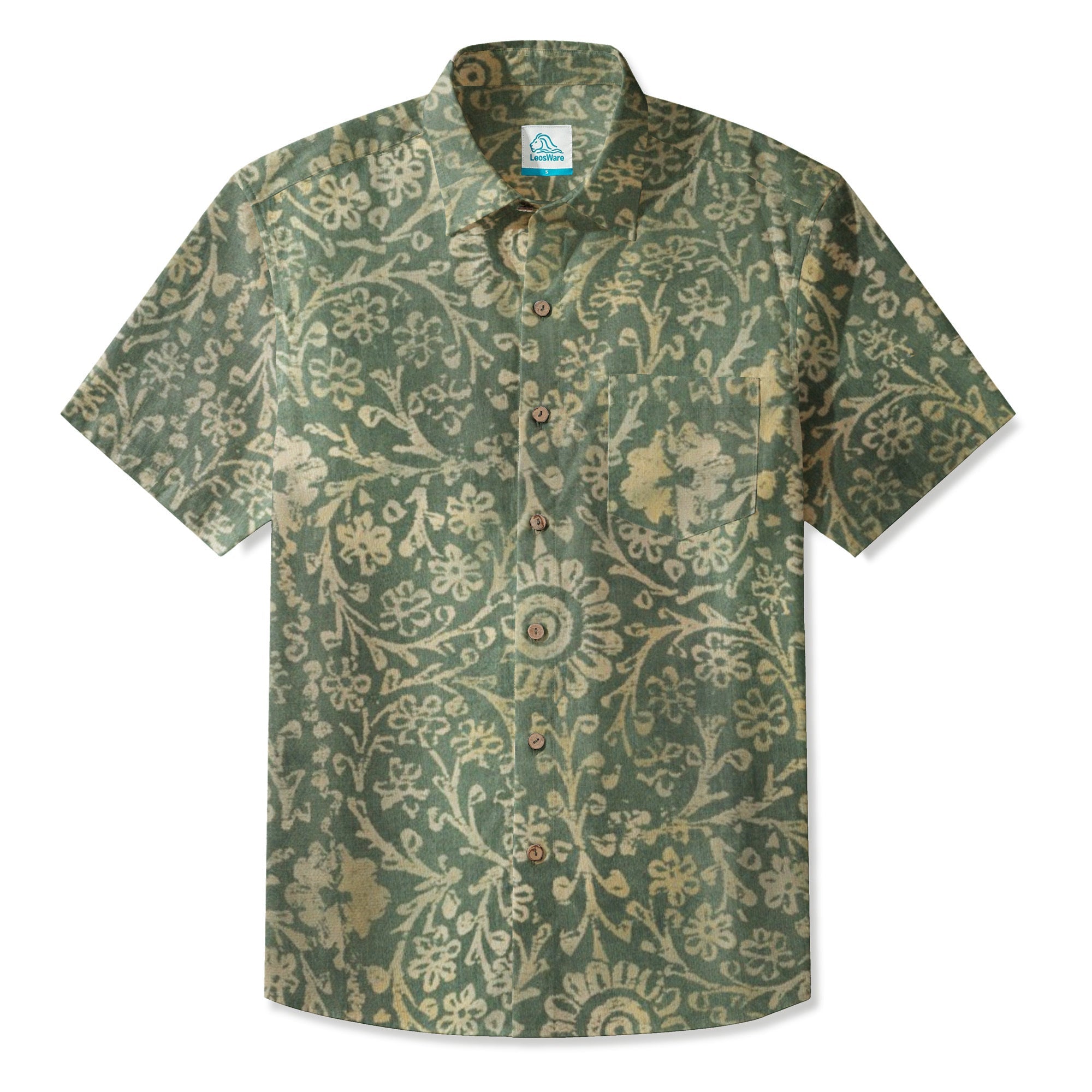 LeosWare® Men's Hawaiian Shirt Short Sleeve Button-up 95% Polyester, 5% Spandex Aloha Mossfield