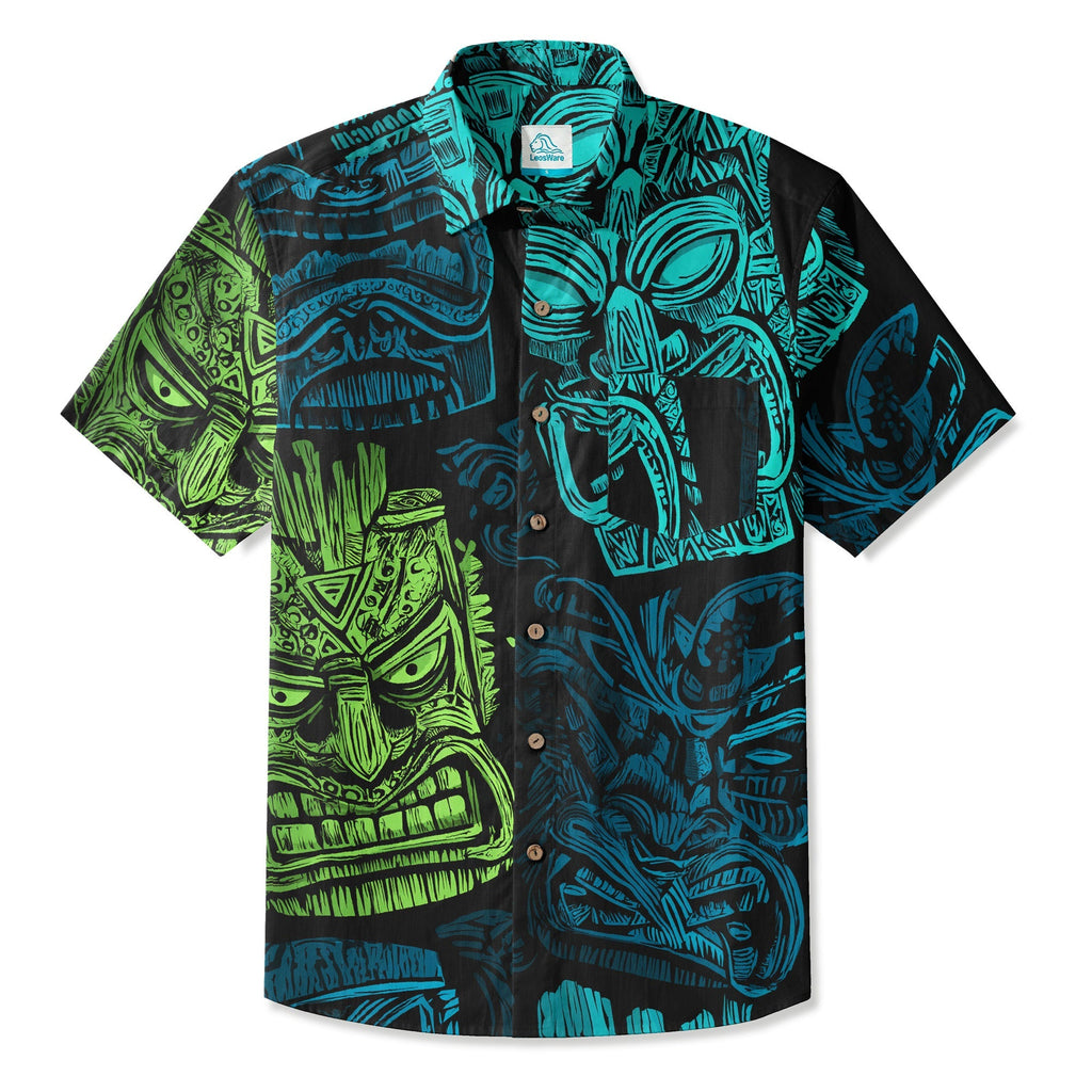 LeosWare® Men's Hawaiian Shirt Short Sleeve Button-up 95% Polyester, 5% Spandex Aloha Tiki Fury