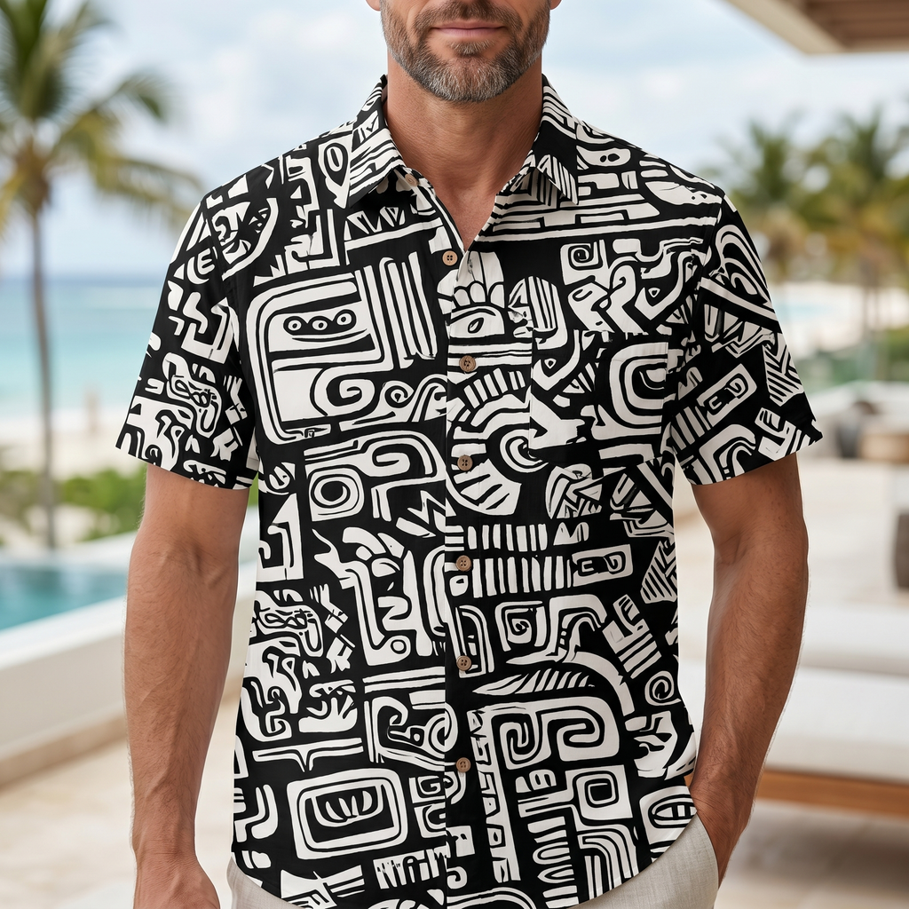 LeosWare® Men's Hawaiian Shirt Short Sleeve Button-up 95% Polyester, 5% Spandex Aloha Echo Maze