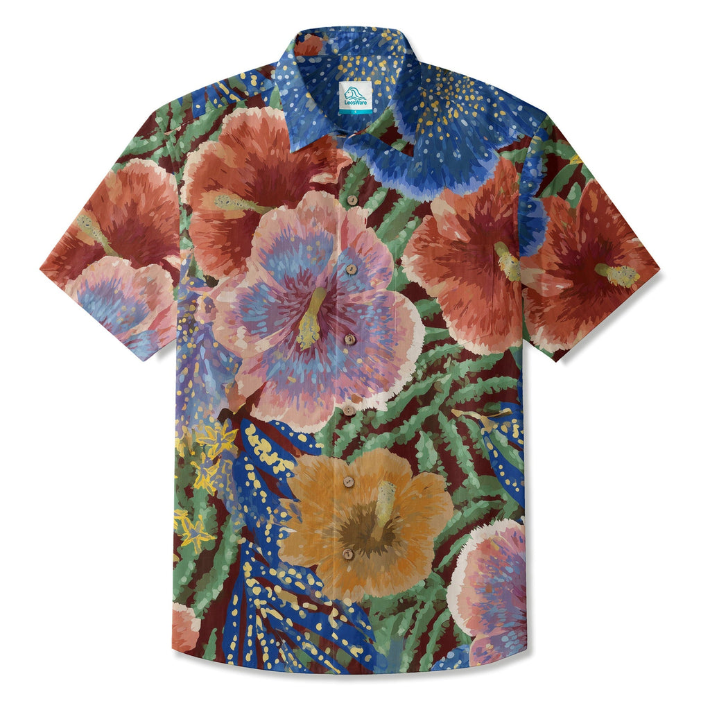 LeosWare® Men's Hawaiian Shirt Short Sleeve Button-up Breathable & Quick-Dry Aloha Scarlet Oasis