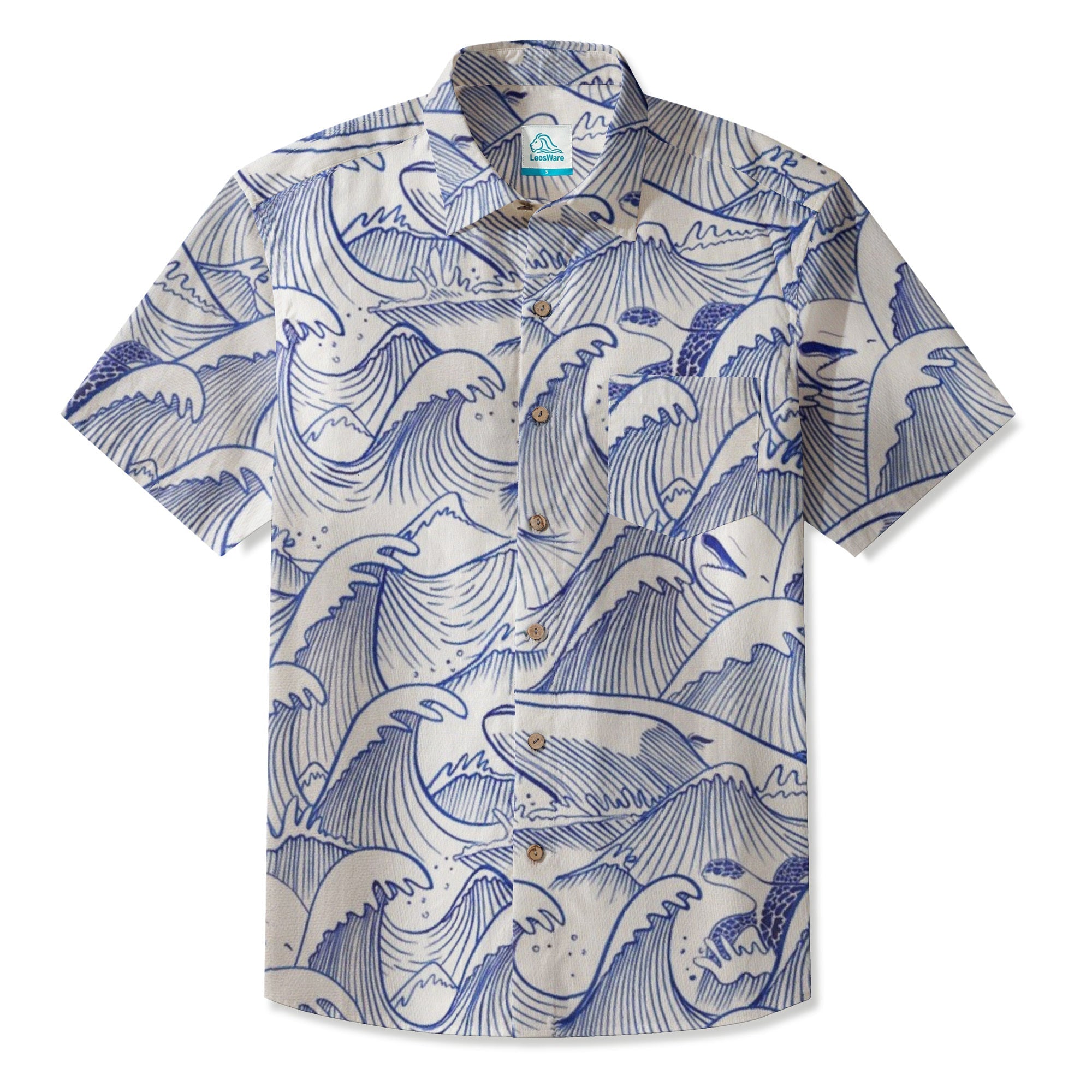 LeosWare® Men's Hawaiian Shirt Short Sleeve Button-up 95% Polyester, 5% Spandex Aloha Azure Momentum