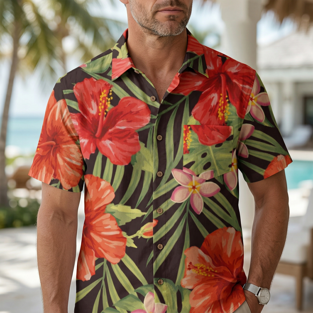 LeosWare® Men's Hawaiian Shirt Short Sleeve Button-up 95% Polyester, 5% Spandex Aloha Tropical Island Heat