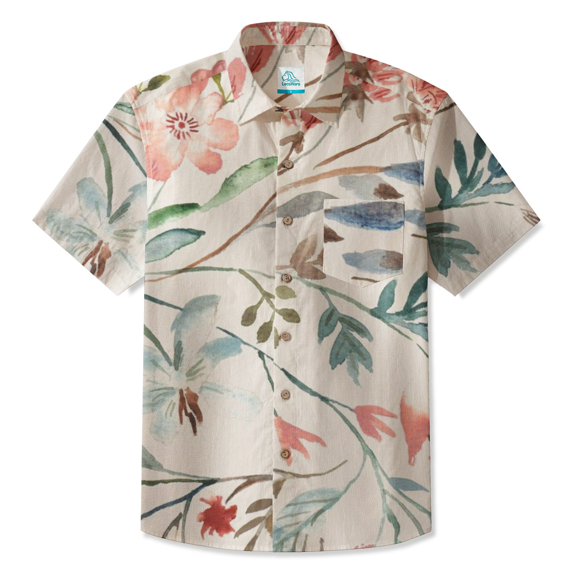 LeosWare® Men's Hawaiian Shirt Short Sleeve Button-up 95% Polyester, 5% Spandex Aloha Blossom Of Dust