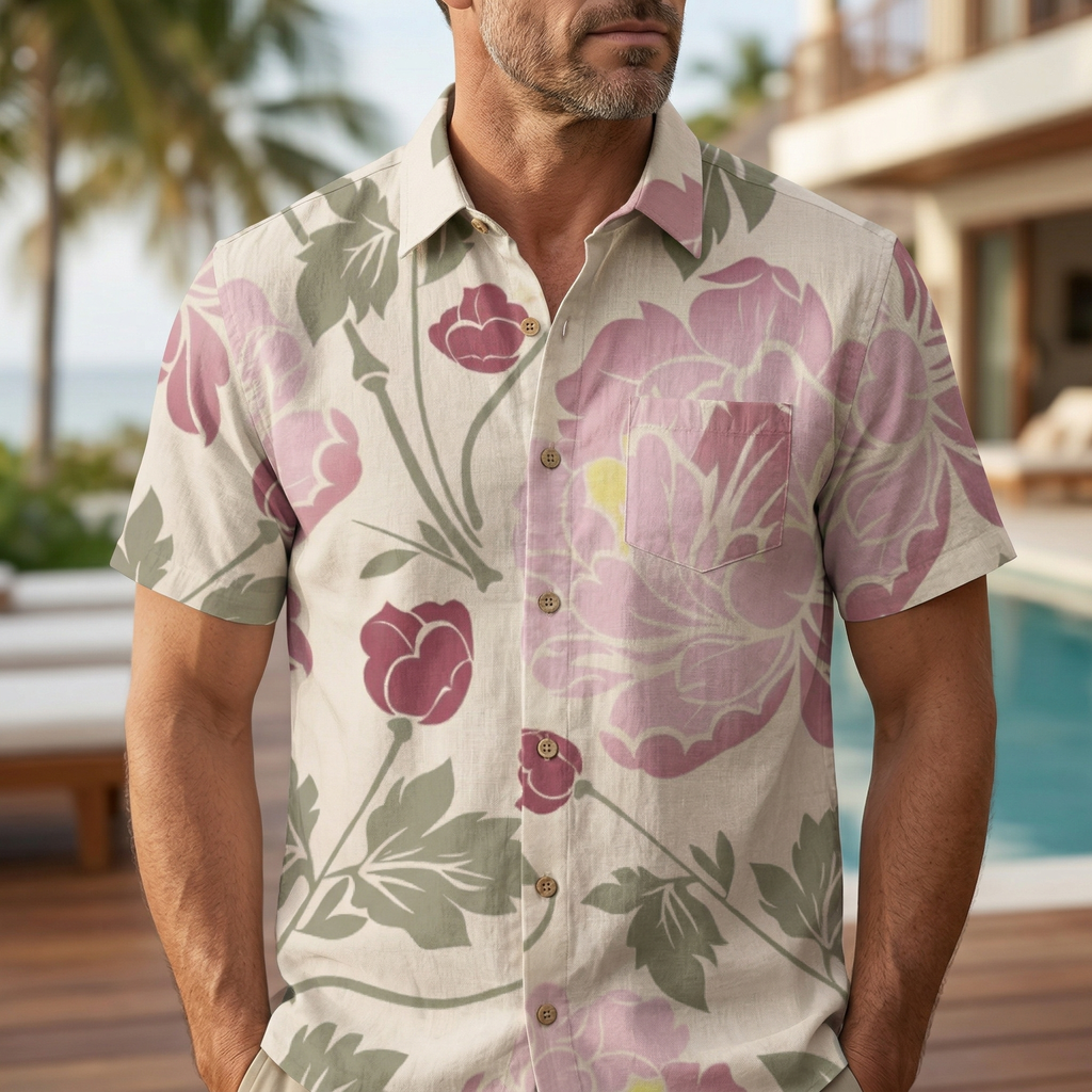 LeosWare® Men's Hawaiian Shirt Short Sleeve Button-up 95% Polyester, 5% Spandex Aloha Graceful Blooms
