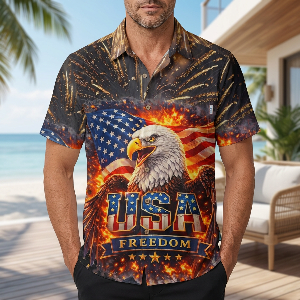 LeosWare® Men's Hawaiian Shirt Short Sleeve Button-up Breathable & Quick-Dry Aloha Freedom Eagle American Flag