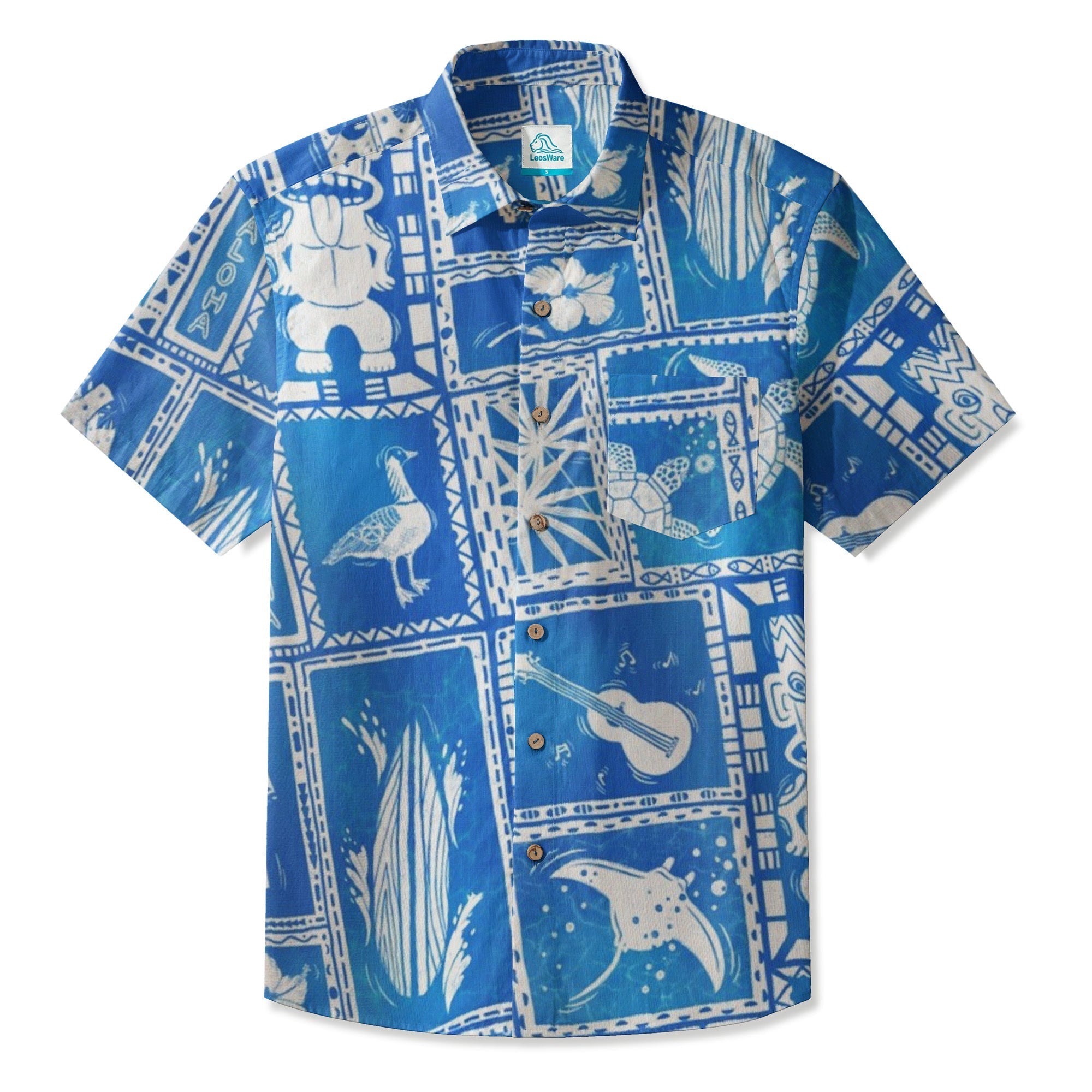 LeosWare® Men's Hawaiian Shirt Short Sleeve Button-up 95% Polyester, 5% Spandex Aloha Patch Of Aloha