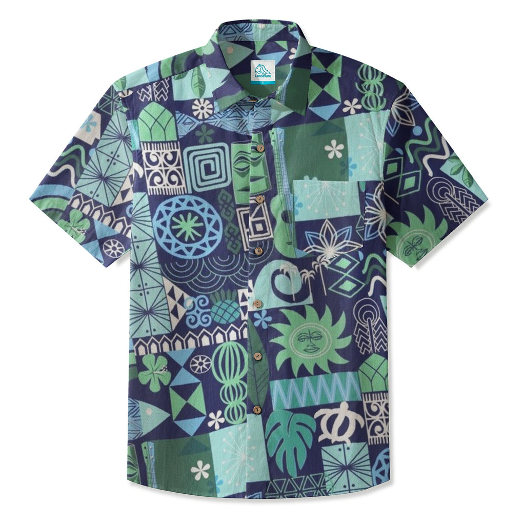 LeosWare® Men's Hawaiian Shirt Short Sleeve Button-up 95% Polyester, 5% Spandex Aloha Tiki Matrix