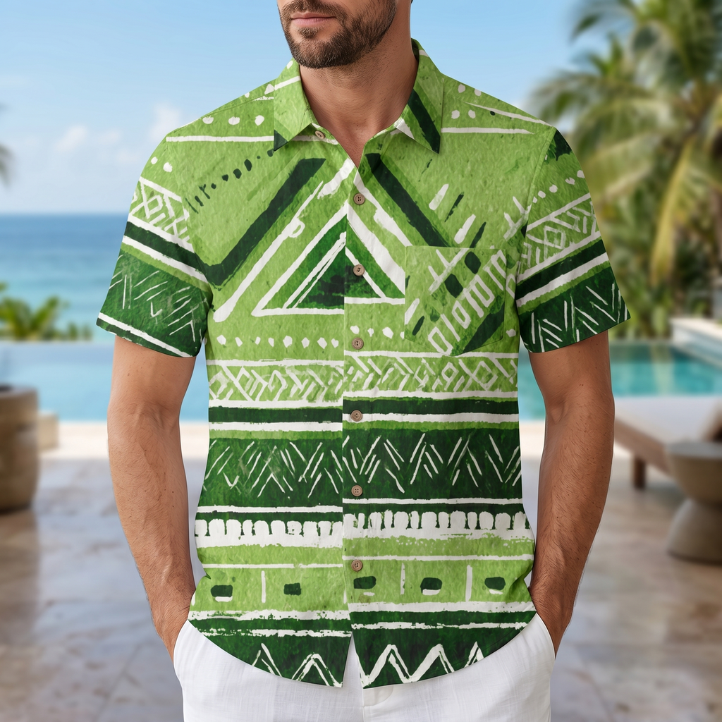 LeosWare® Men's Hawaiian Shirt Short Sleeve Button-up 95% Polyester, 5% Spandex Aloha Olive Totem
