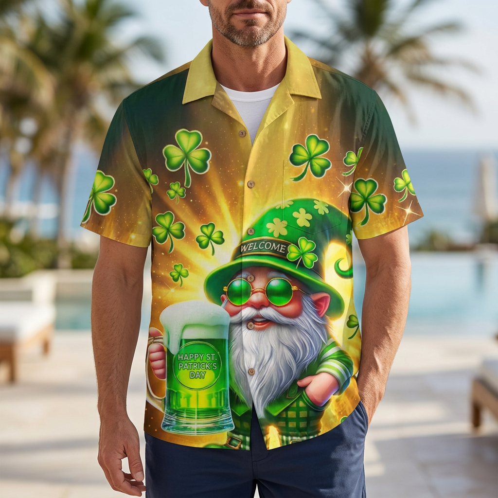 LeosWare® Men's Hawaiian Shirt Short Sleeve Button-up Breathable & Quick-Dry Aloha St. Patrick's Day Shamrock Gnome Beer Figurine